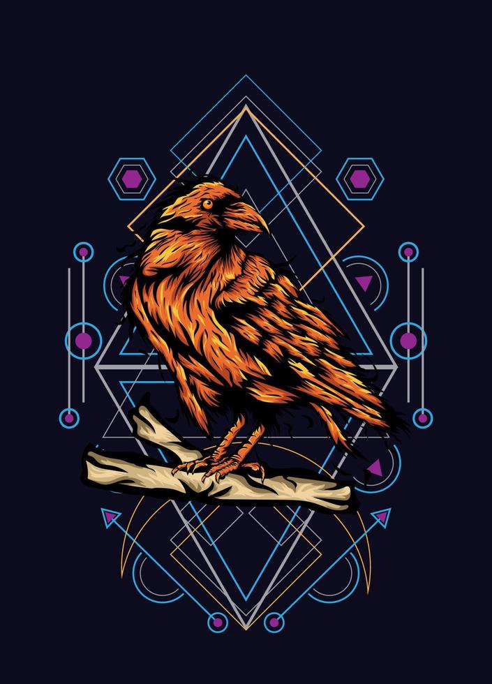 Raven, bird crow, vector illustration with sacred geometry pattern for t shirt design