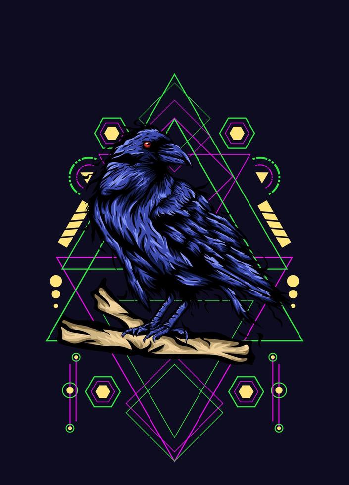 cuervo, pájaro cuervo, ilustración vectorial con patrón de geometría sagrada para el diseño de camisetas vector