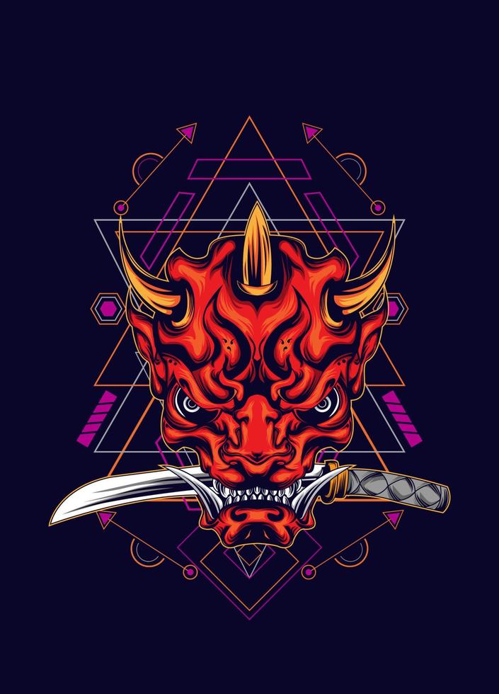 Demon oni mask with katana sword and sacred geometry pattern vector