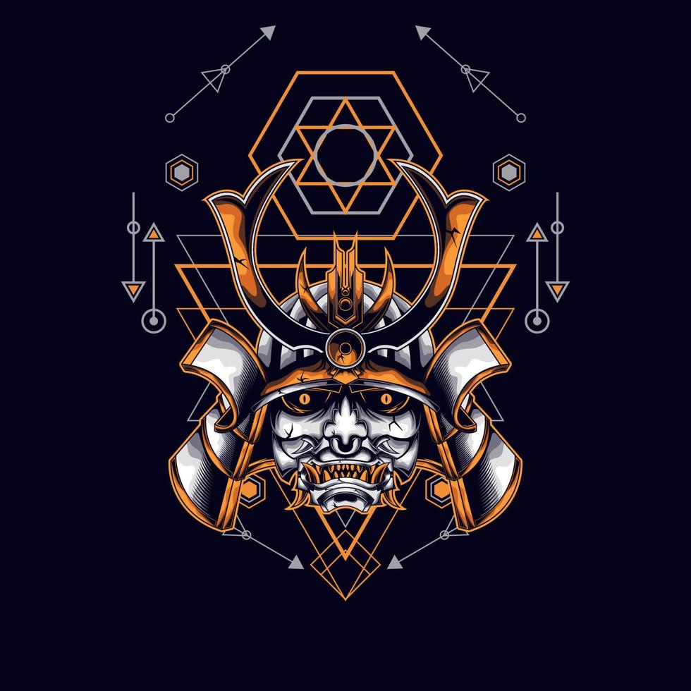 oni mask samurai head with sacred geometry ornament vector