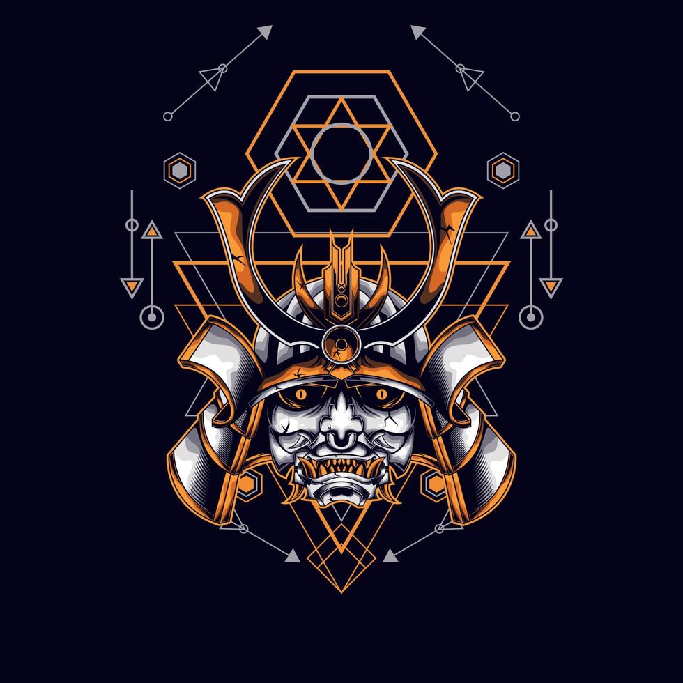 oni mask samurai head with sacred geometry ornament vector