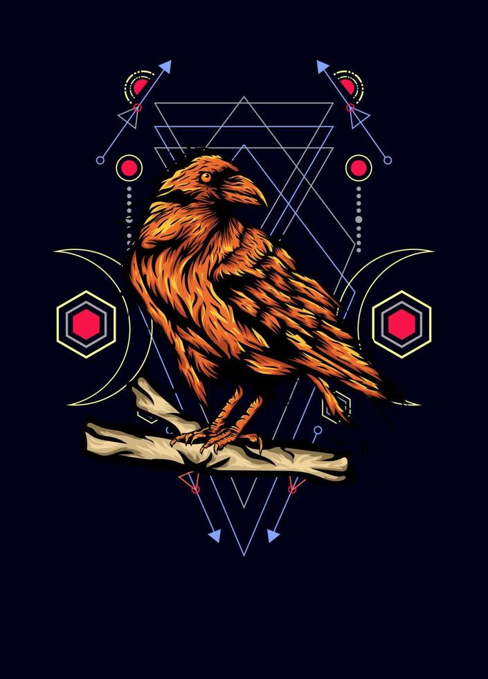 Raven, bird crow, vector illustration with sacred geometry pattern for t shirt design