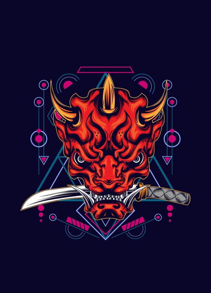 Demon oni mask with katana sword and sacred geometry pattern vector