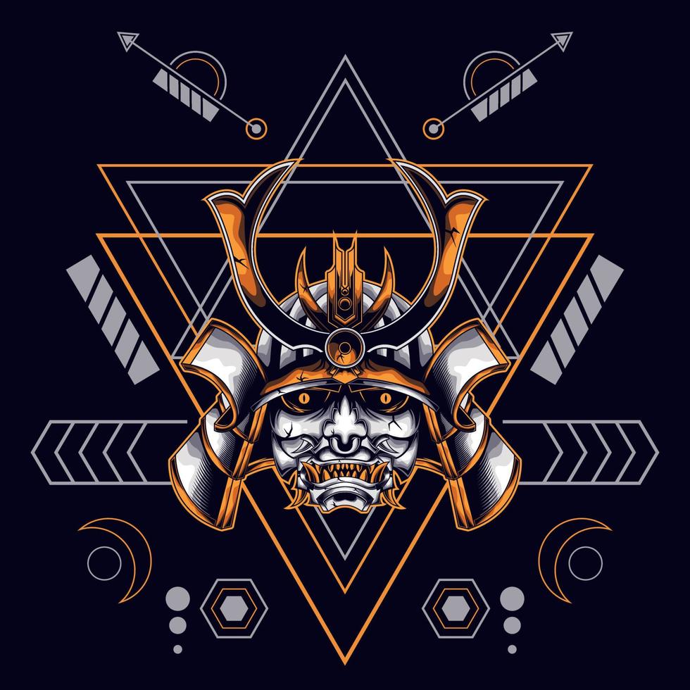 máscara oni cabeza de samurái con adorno de geometría sagrada vector