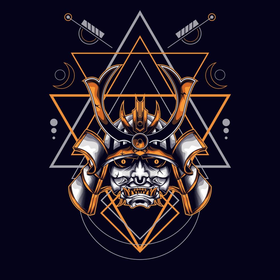 oni mask samurai head with sacred geometry ornament for t-shirt design vector