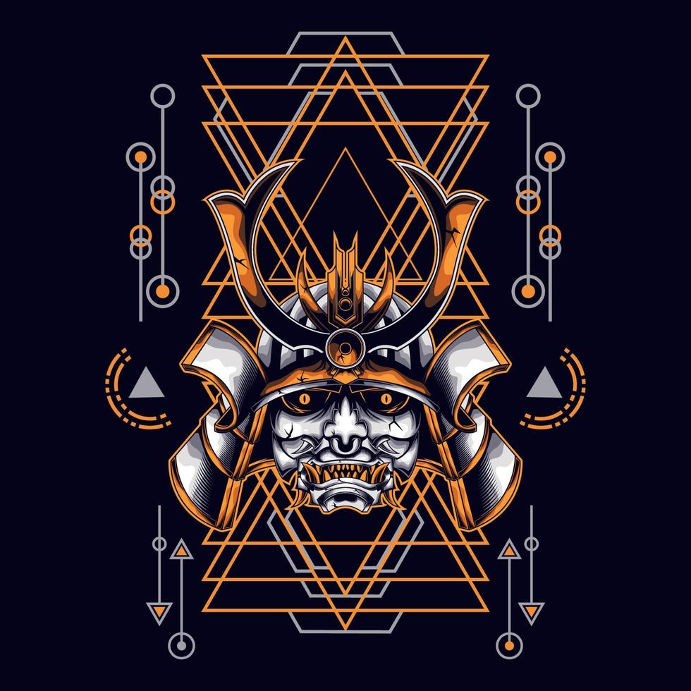 oni mask samurai head with sacred geometry ornament vector