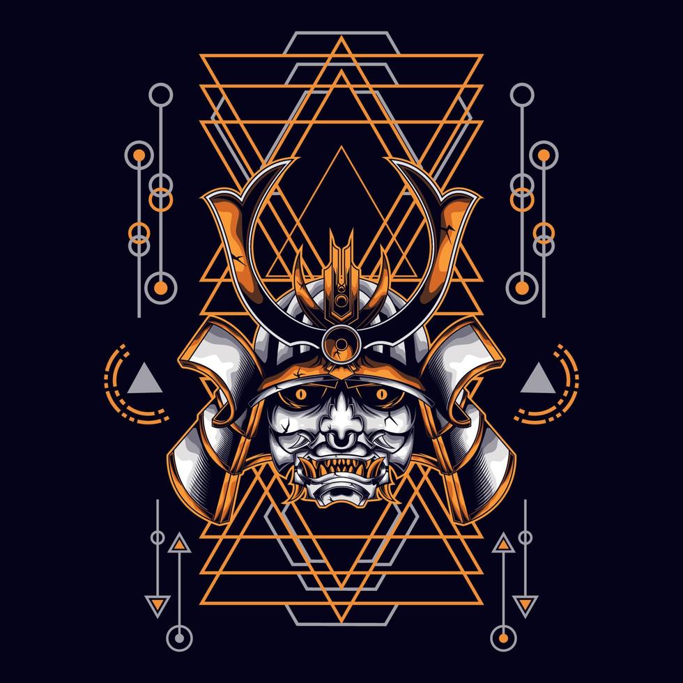 oni mask samurai head with sacred geometry ornament vector