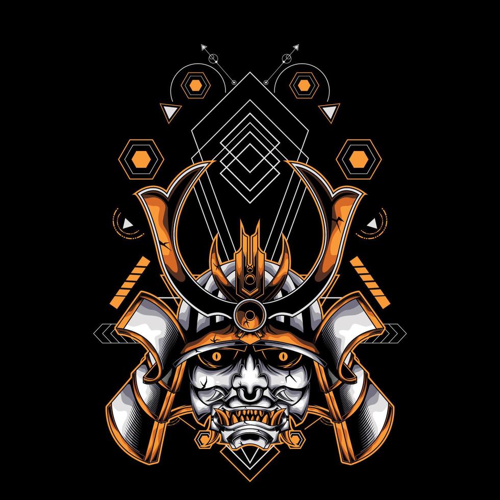 oni samurai head with sacred geometry ornament For Wallpaper, Banner, T-shirt, Poster, Hoodie, Tottebag, Background, Card, Book Illustration, And Web Landing Page vector