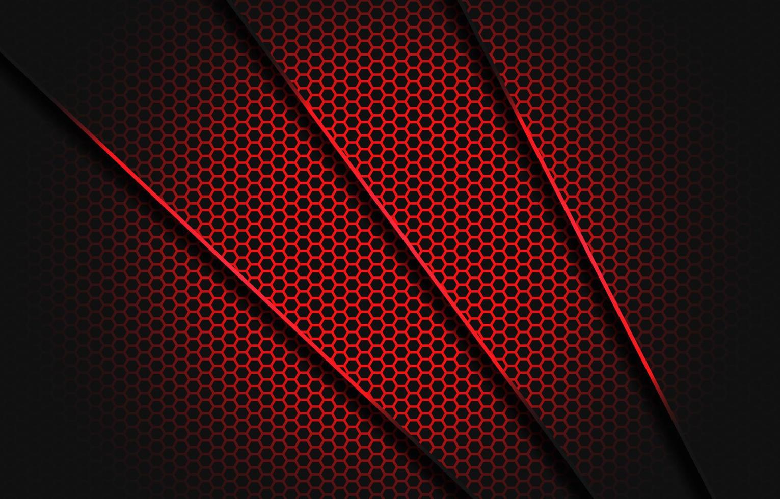 barra roja abstracta triángulo gris oscuro con línea roja en el diseño de patrón de malla hexagonal ilustración de vector de fondo futurista de lujo moderno.