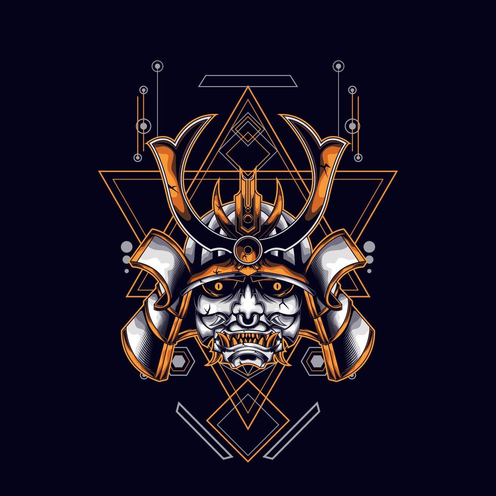 oni mask samurai head with sacred geometry ornament for t-shirt design vector