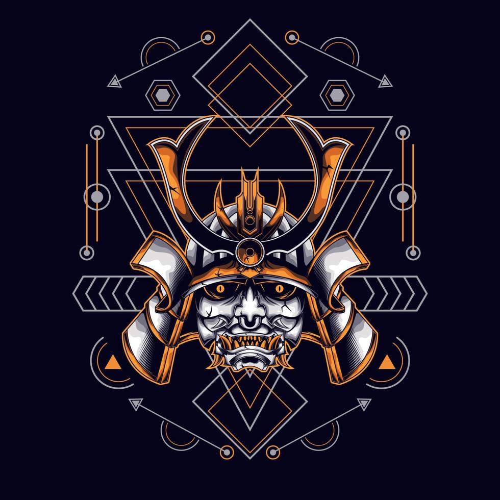 oni mask samurai head with sacred geometry ornament for t-shirt design vector