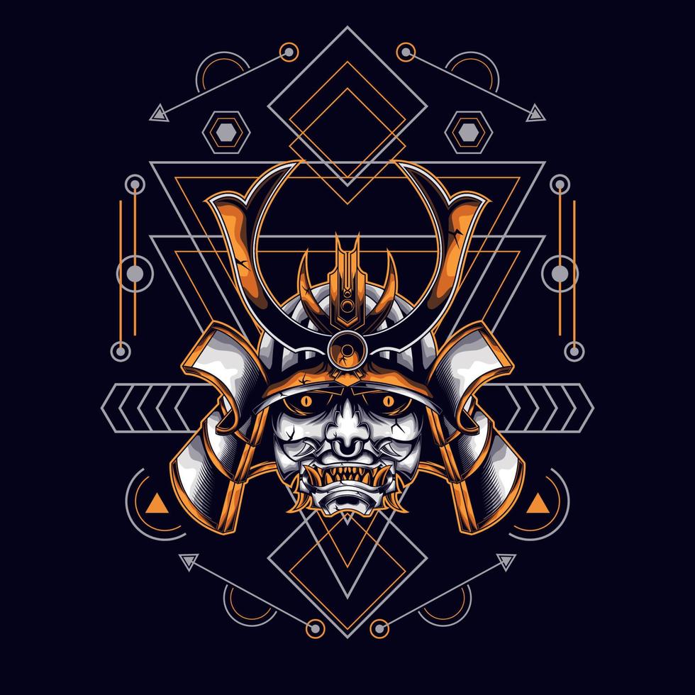 oni mask samurai head with sacred geometry ornament for t-shirt design vector