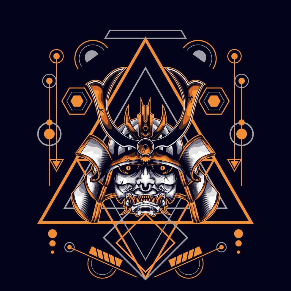 oni mask samurai head with sacred geometry ornament vector