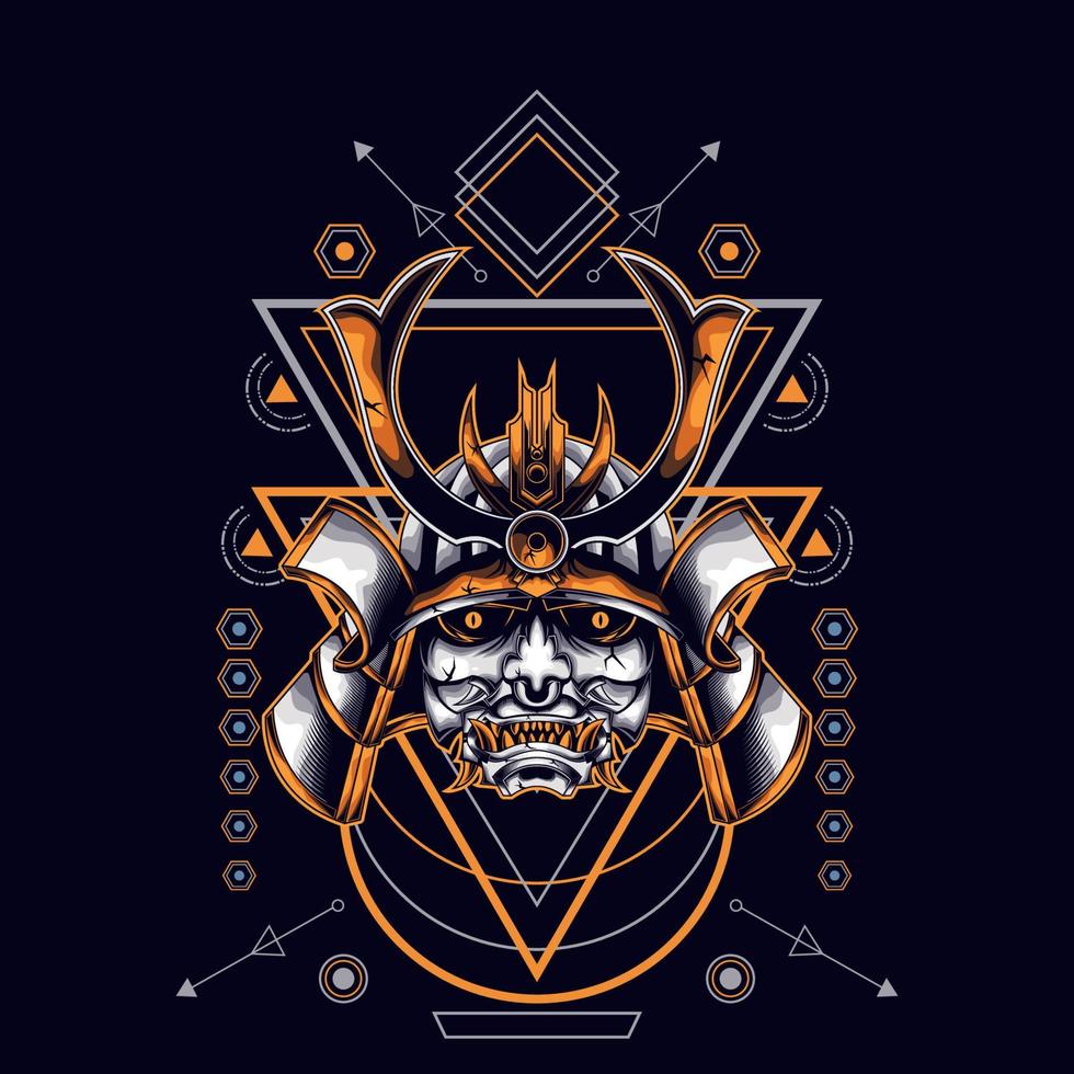 oni mask samurai head with sacred geometry ornament vector