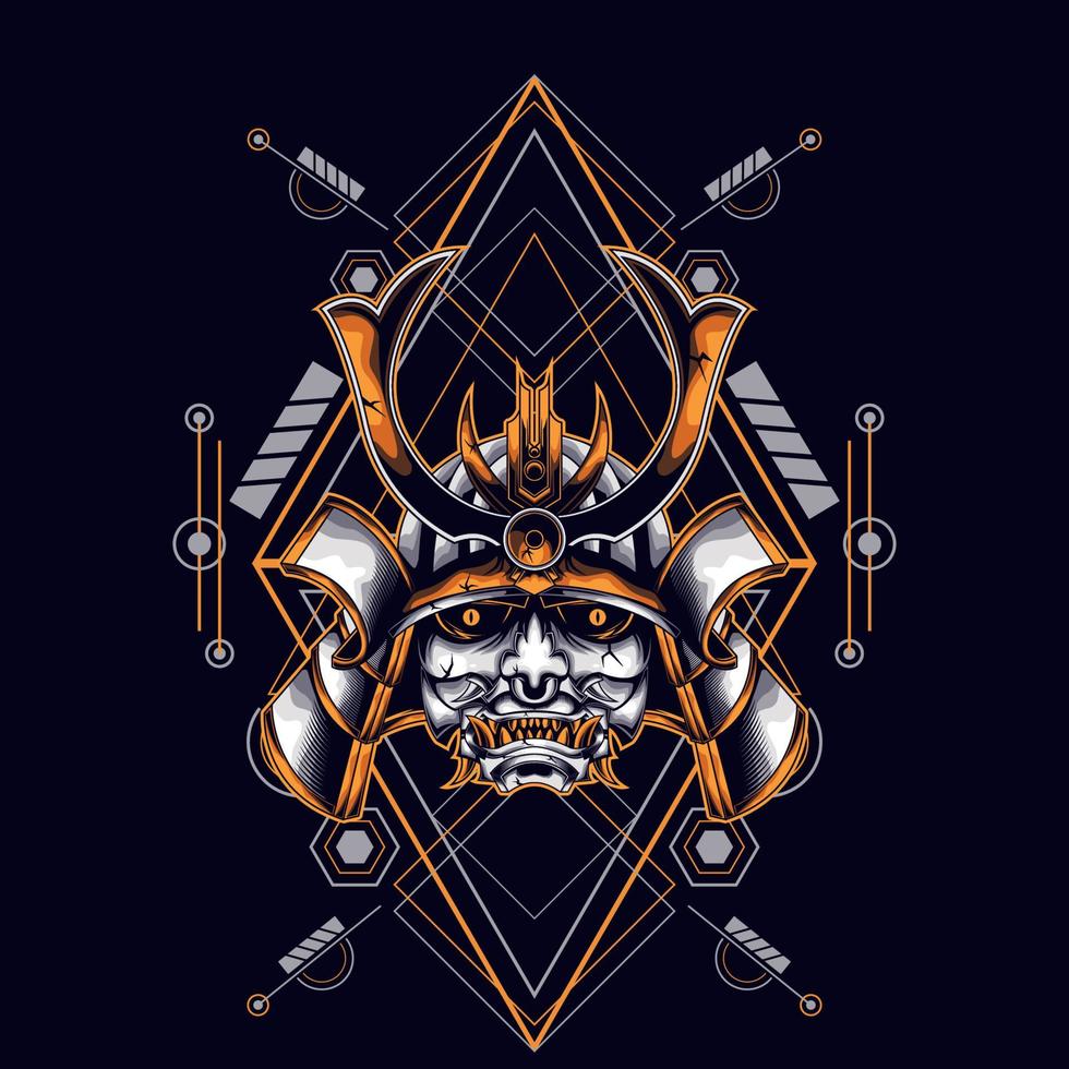 oni mask samurai head with sacred geometry ornament for t-shirt design vector