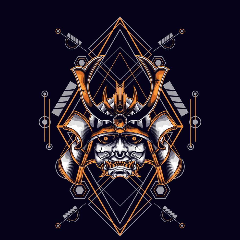 oni mask samurai head with sacred geometry ornament for t-shirt design vector