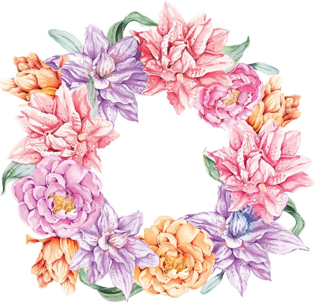 Rose and lilies wreath painted in watercolor. Flower arrangements for invitation, wedding cards. vector