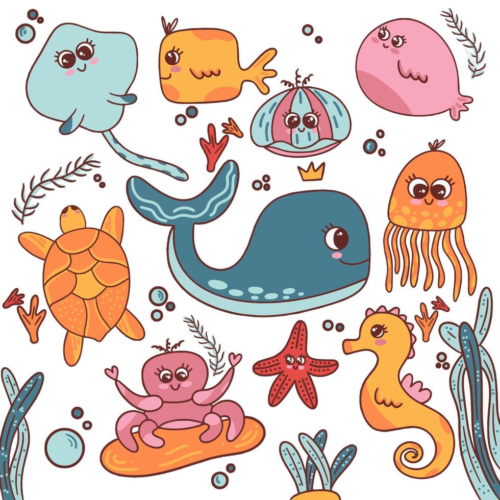 Octopus, jellyfish, fish, crab shell turtle corals on white background vector