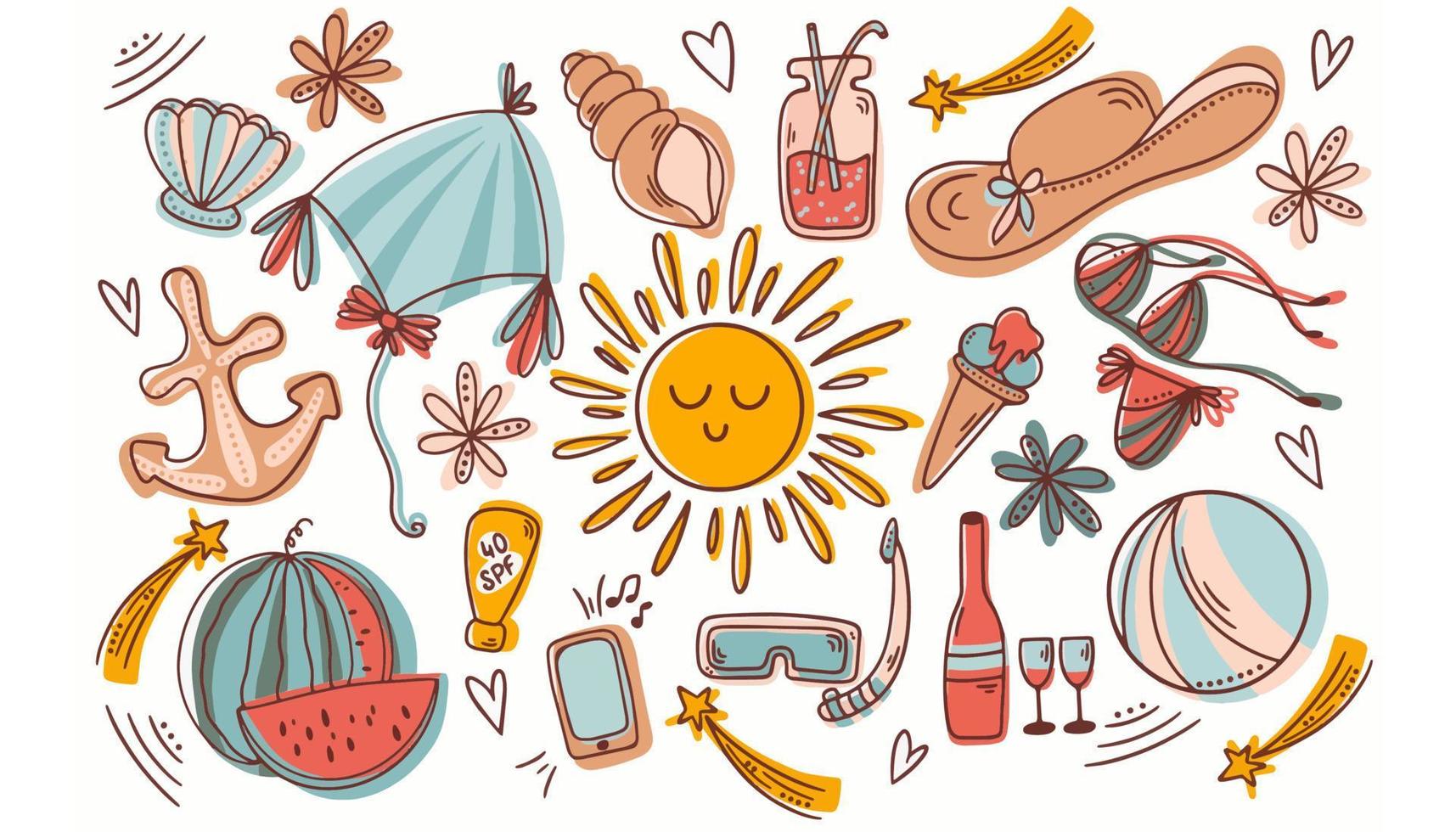 Summer set, doodle and cartoon illustration. Summertime set with summer items - kite, snorkeling mask and snorkel, anchor, sun, cocktail, hat, swimsuit, watermelon wine sunscreen vector