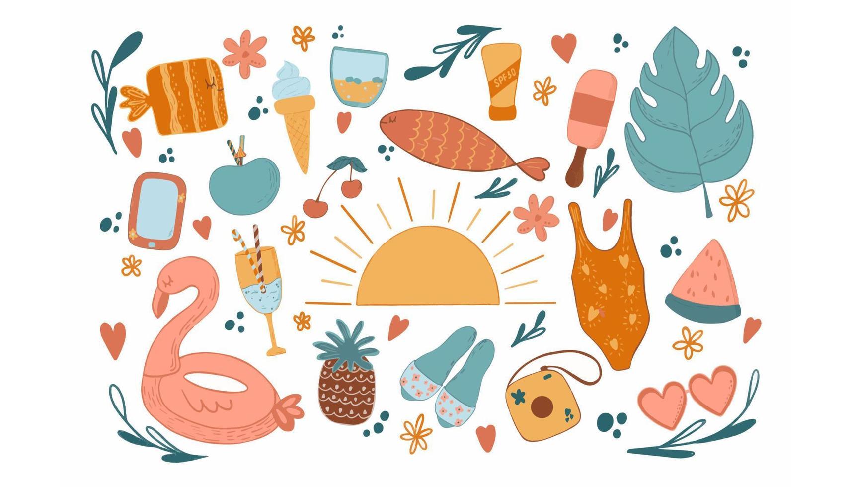 Flamingo, jellyfish, sun, tropical fruit flowers ice cream pineapple vector