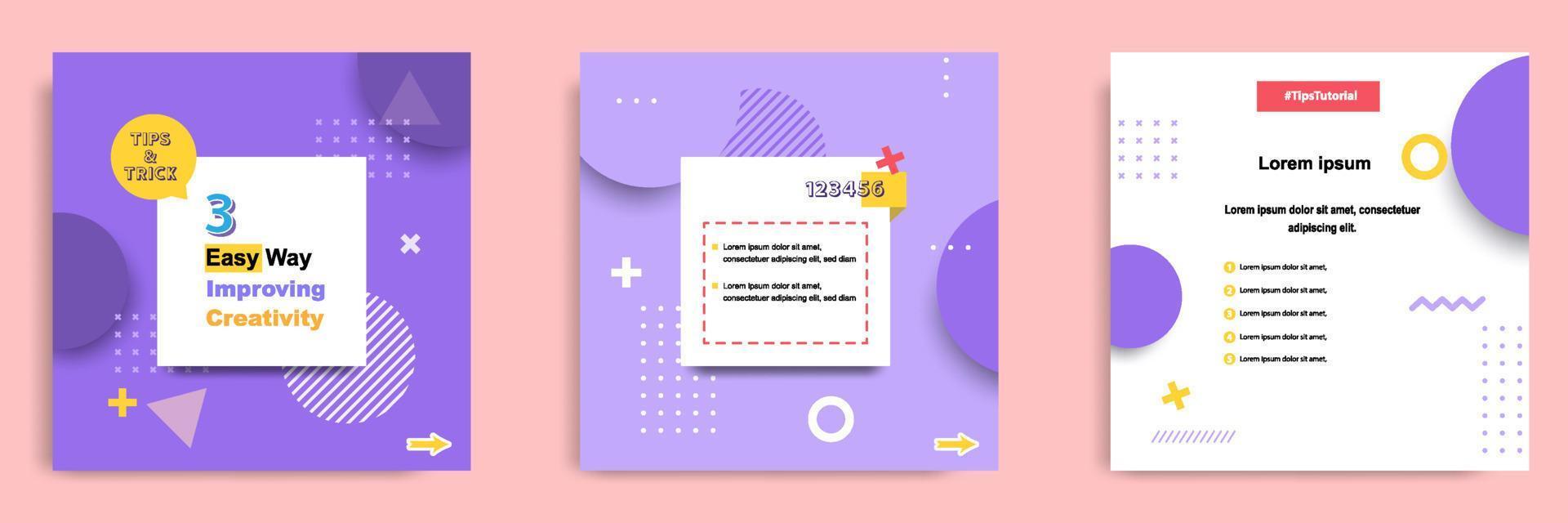 Purple social media tutorial, tips, trick, did you know post banner layout template with geometric background and memphis pattern design element vector