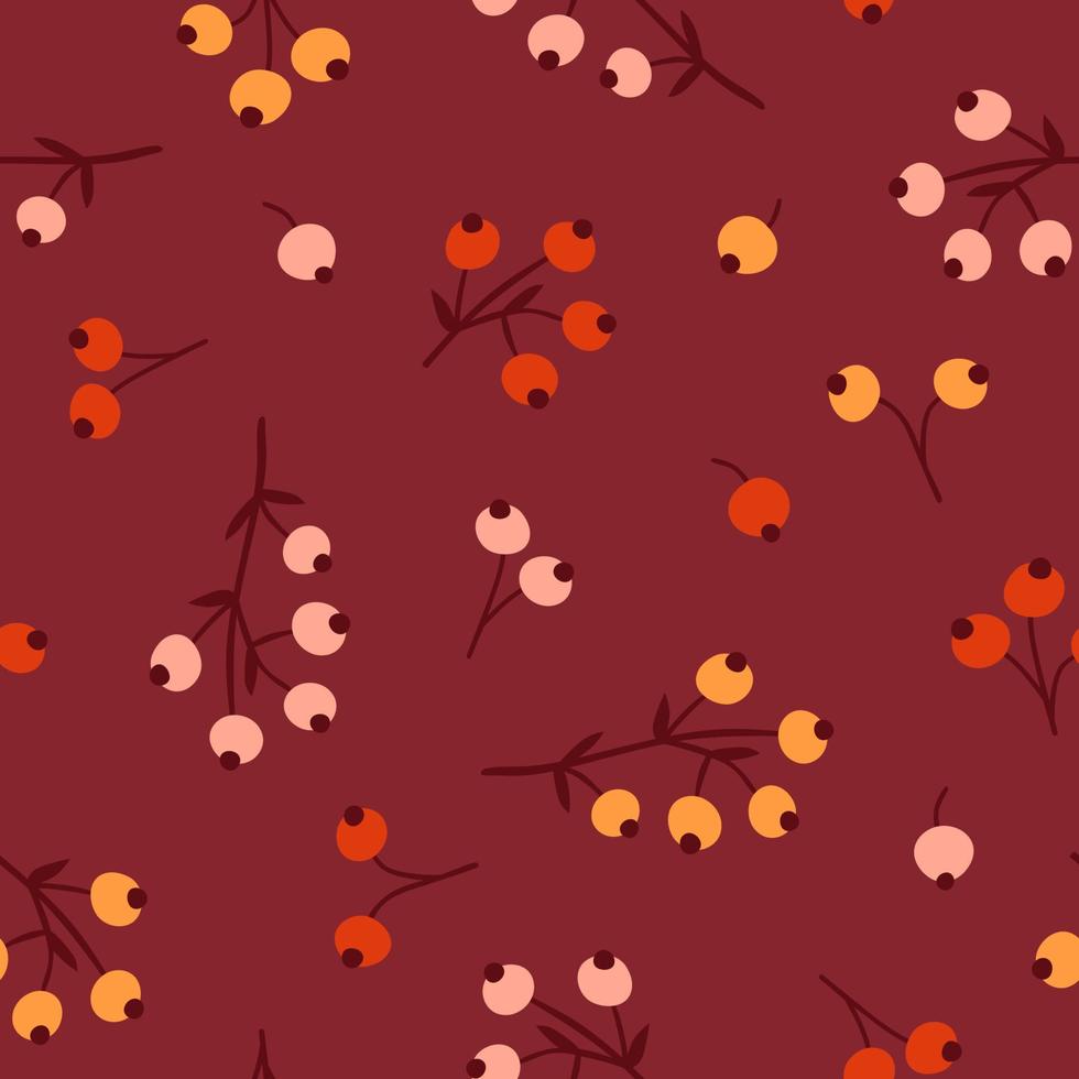 Seamless pattern with hand drawn branch berry in cartoon style. Flat background of currant isolated on burgundy background. Autumn texture with cute branch. Vector Illustration
