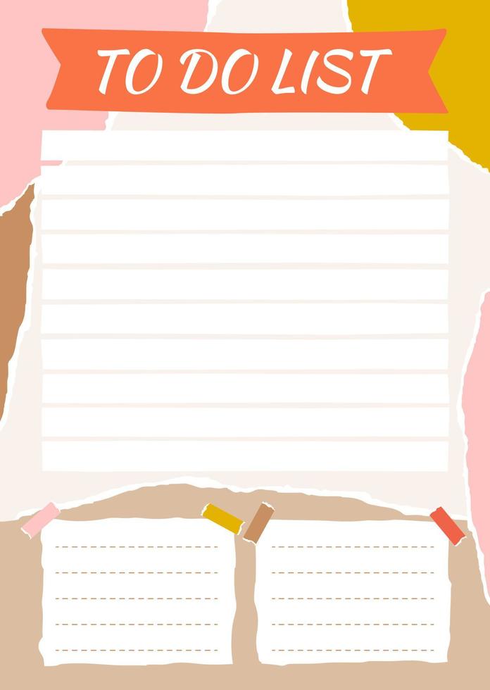 Abstract To Do List template with pieces of torn paper in pastel colors. Blank weekly planner with notes on collage paper background. Stylish organizer design. Vector illustration