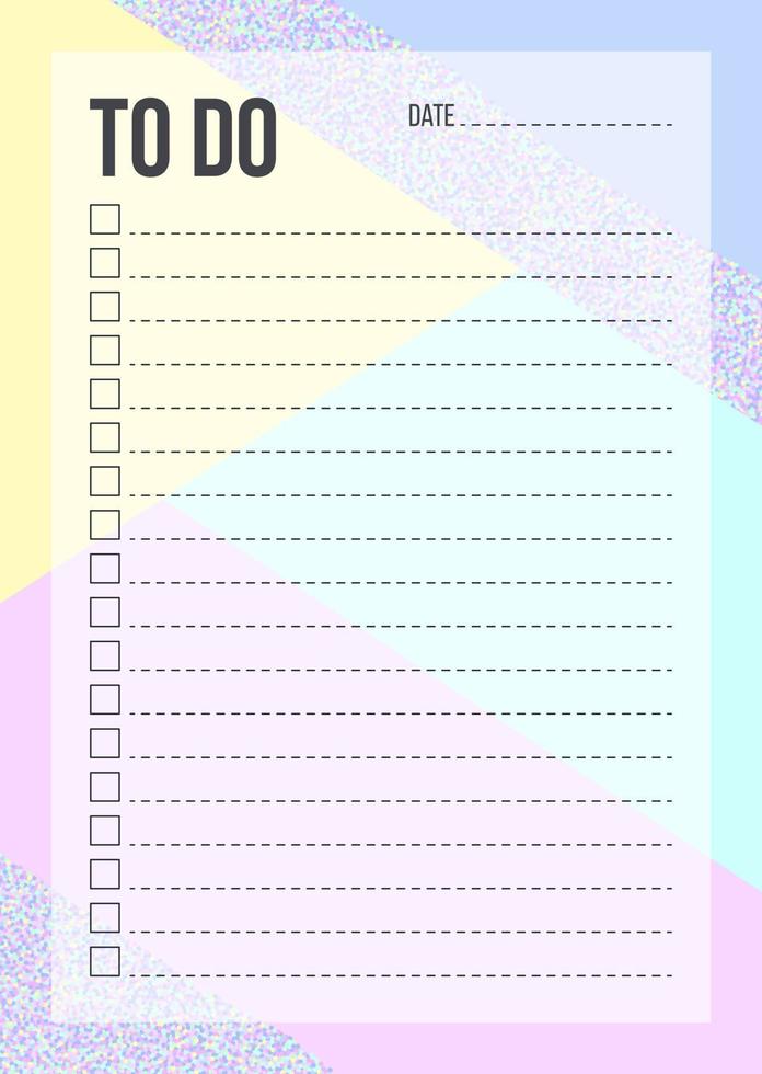 Fashion To Do List template with place for thing and date on colorful geometric background. Blank planner with notes in holographic glitter color. Stylish organizer design. Vector illustration