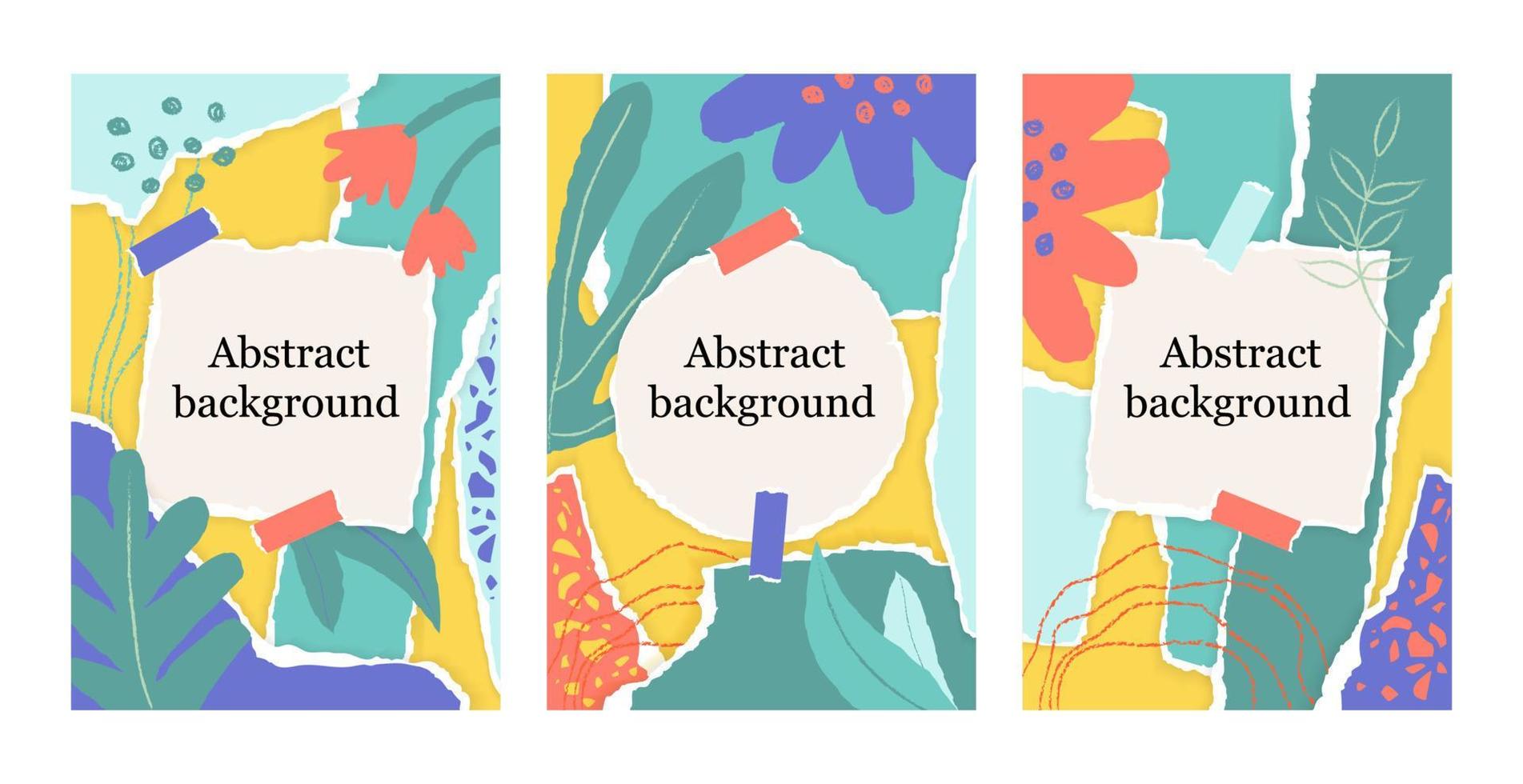 Summer set of floral background with colorful torn paper pieces, chalk line, square and round note. Greeting fashion card in scandinavian style. Paper cut collage design. Abstract vector Illustration.