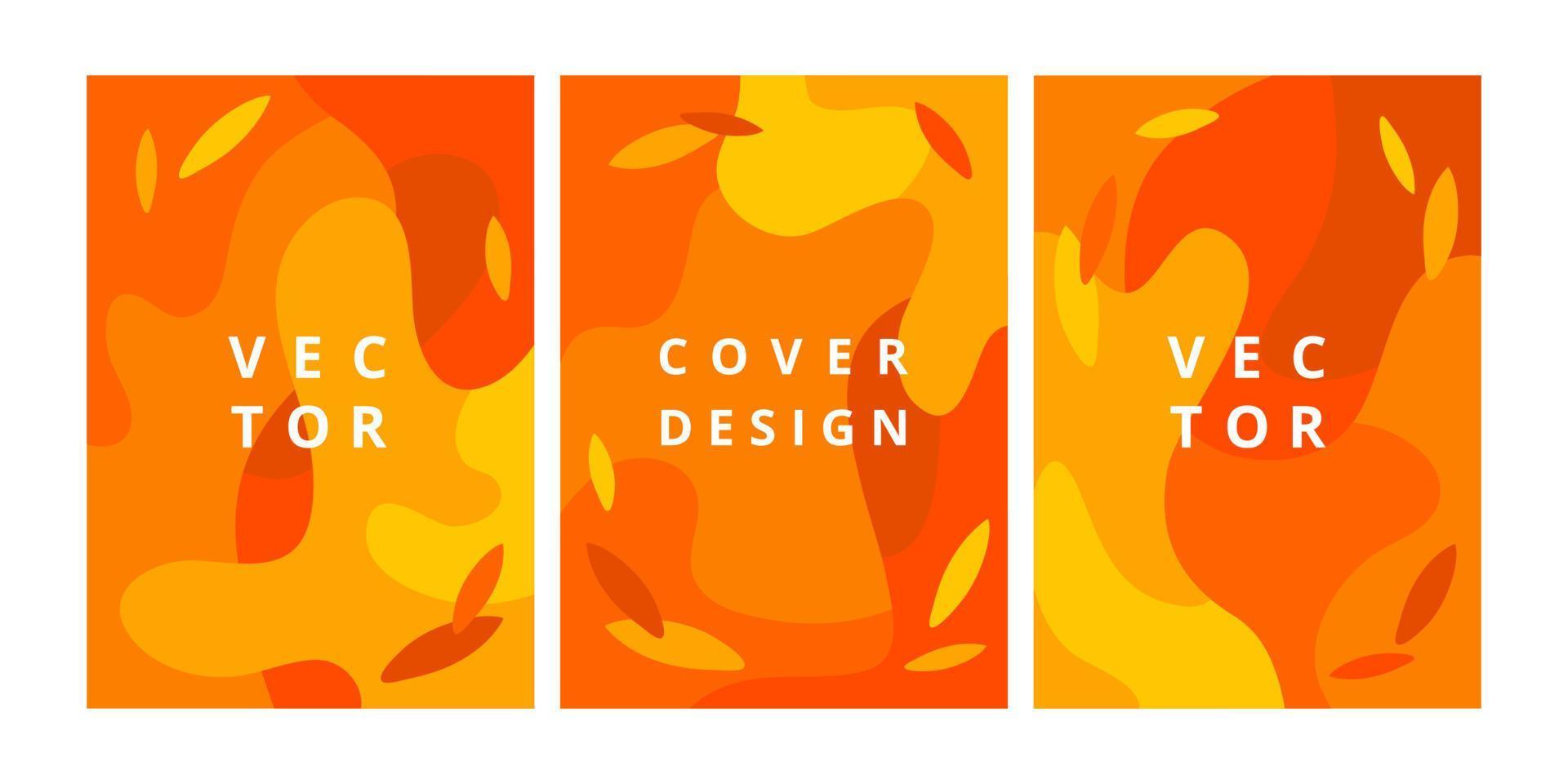 Autumn set of abstract backgrounds with fluid shapes and falling leaves in orange colors. Modern design template with space for text. Minimal dynamic cover for branding design. Vector illustration