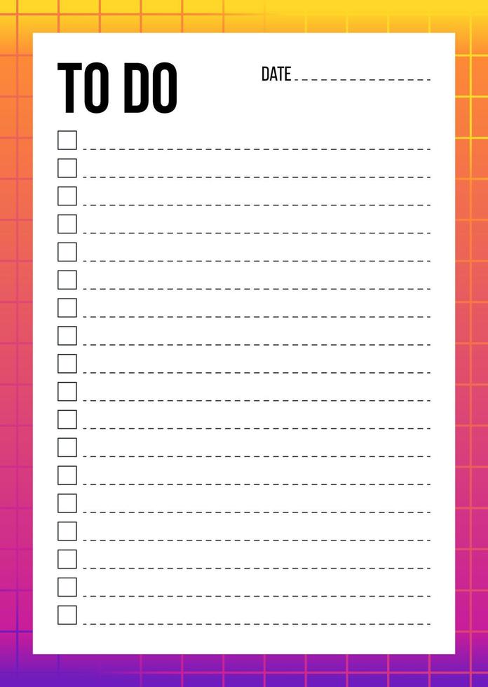 Abstract To Do List template with check and place for date and notes. Blank planner with notes on neon gradient background. Gradient organizer design. Checklist A4 template. Vector illustration