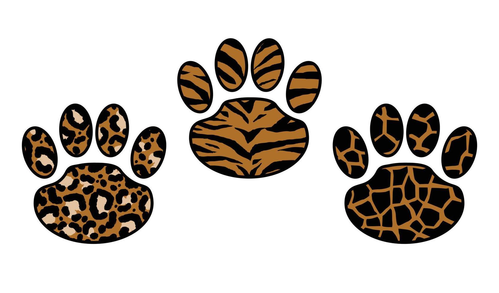 Set of paw print leopard, tiger and cheetah. Trendy animal print. vector