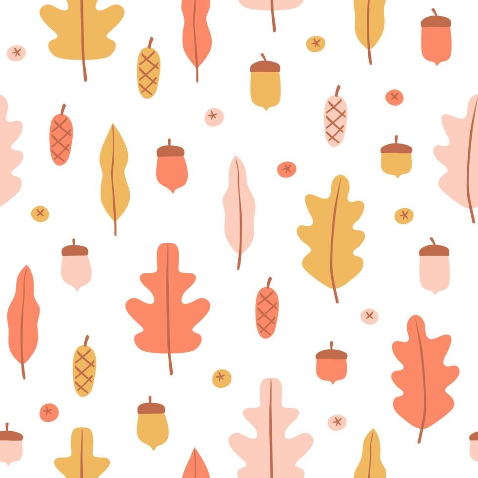 Seamless pattern with hand drawn forest elements in flat style. Flat background leaves, acorn, berries and bump. Autumn vector illustration