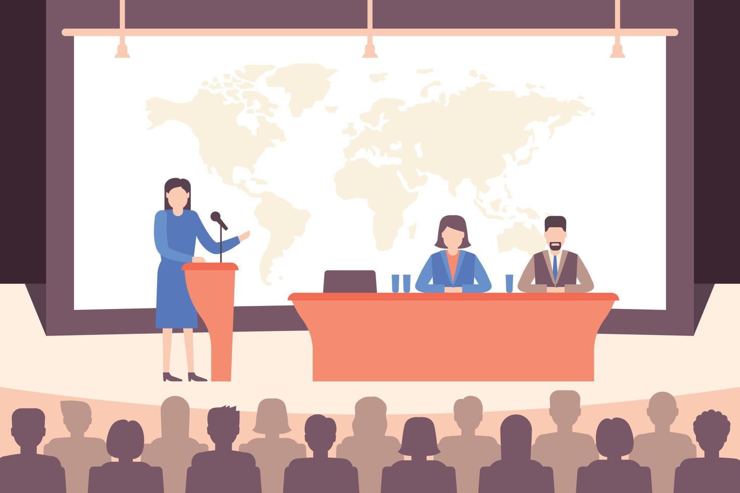 Speaker ang people group at conference in holl. Business meeting and education concept. Vector illustration flat style