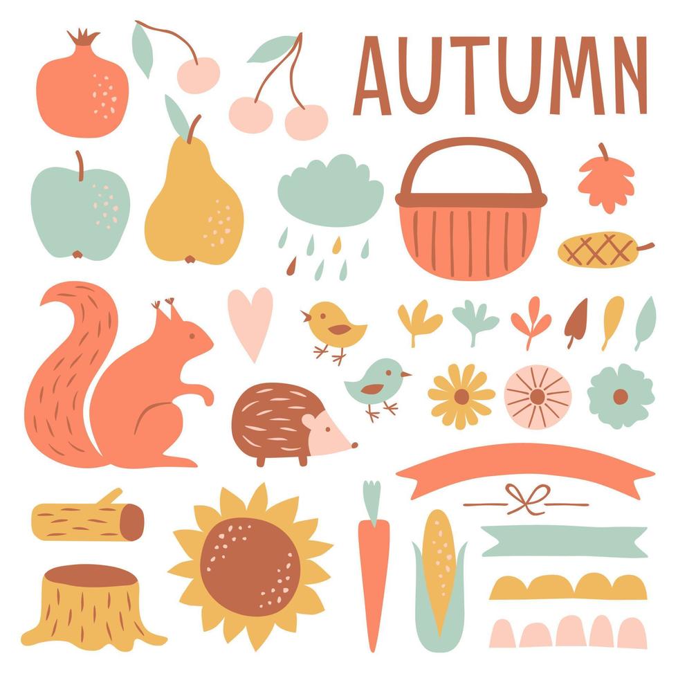 Set with hand drawn pastel forest elements in flat style. Autumn collection icons leaves, fruits, animals and lettering AUTUMN. Vector Illustration