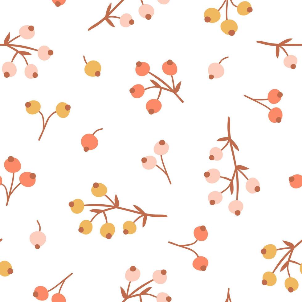 Seamless pattern with hand drawn branch berry in cartoon style. Flat background of currant isolated on white background. Autumn texture with cute branch. Vector Illustration