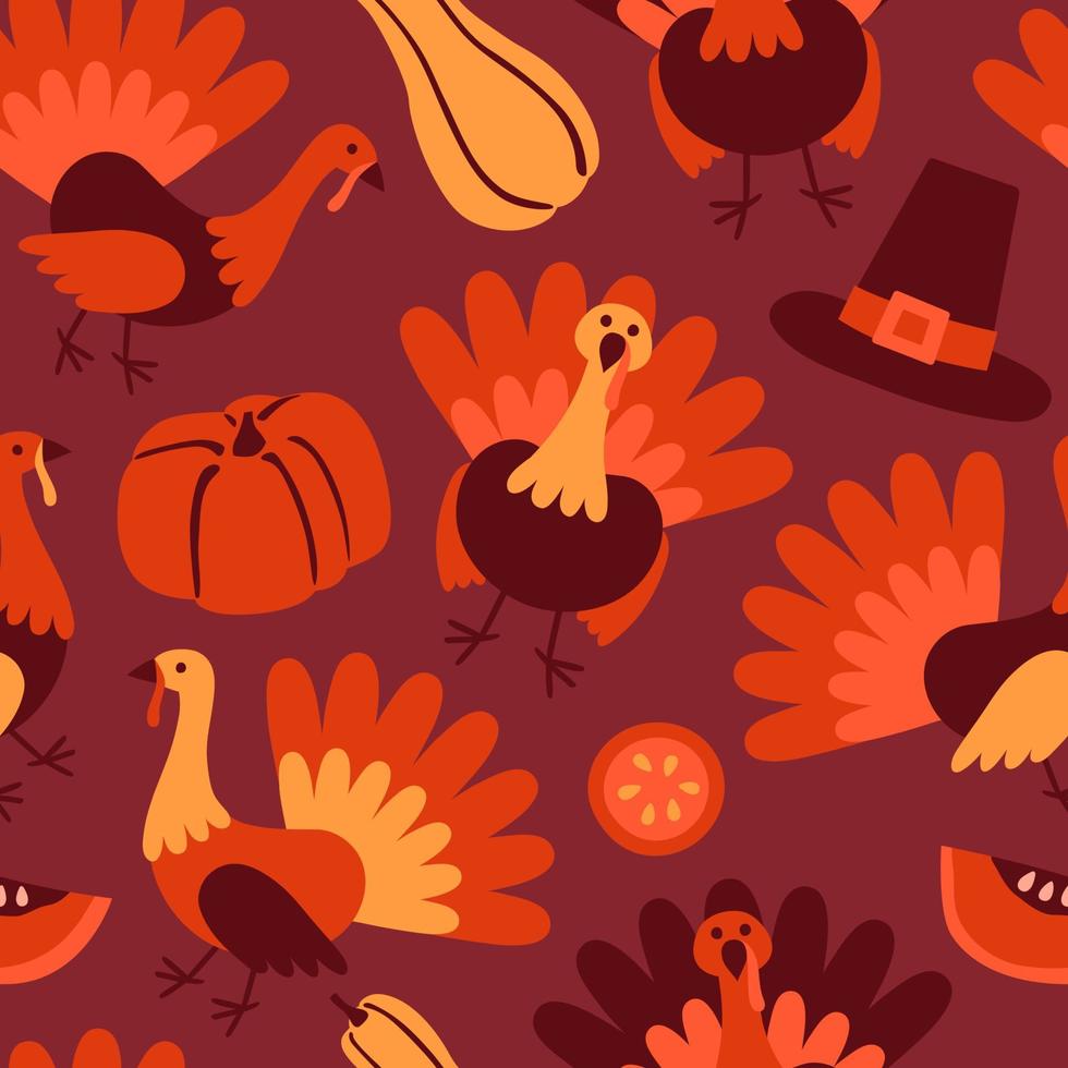 Happy Thanksgiving Day seamless pattern with pumpkin, turkey, and hat. Hand drawn background in cartoon flat style. Vector illustration for design, fabric or wrapping paper.