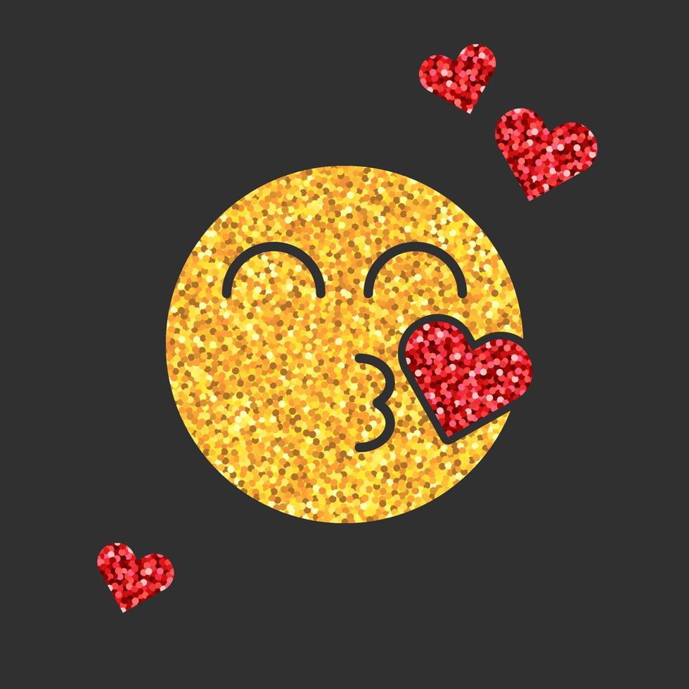 Golden glitter emoji icon with kiss on black background. Emoticons sticker with red heart. Luxury emoji symbol for social media, blog or chat. Isolated vector illustration