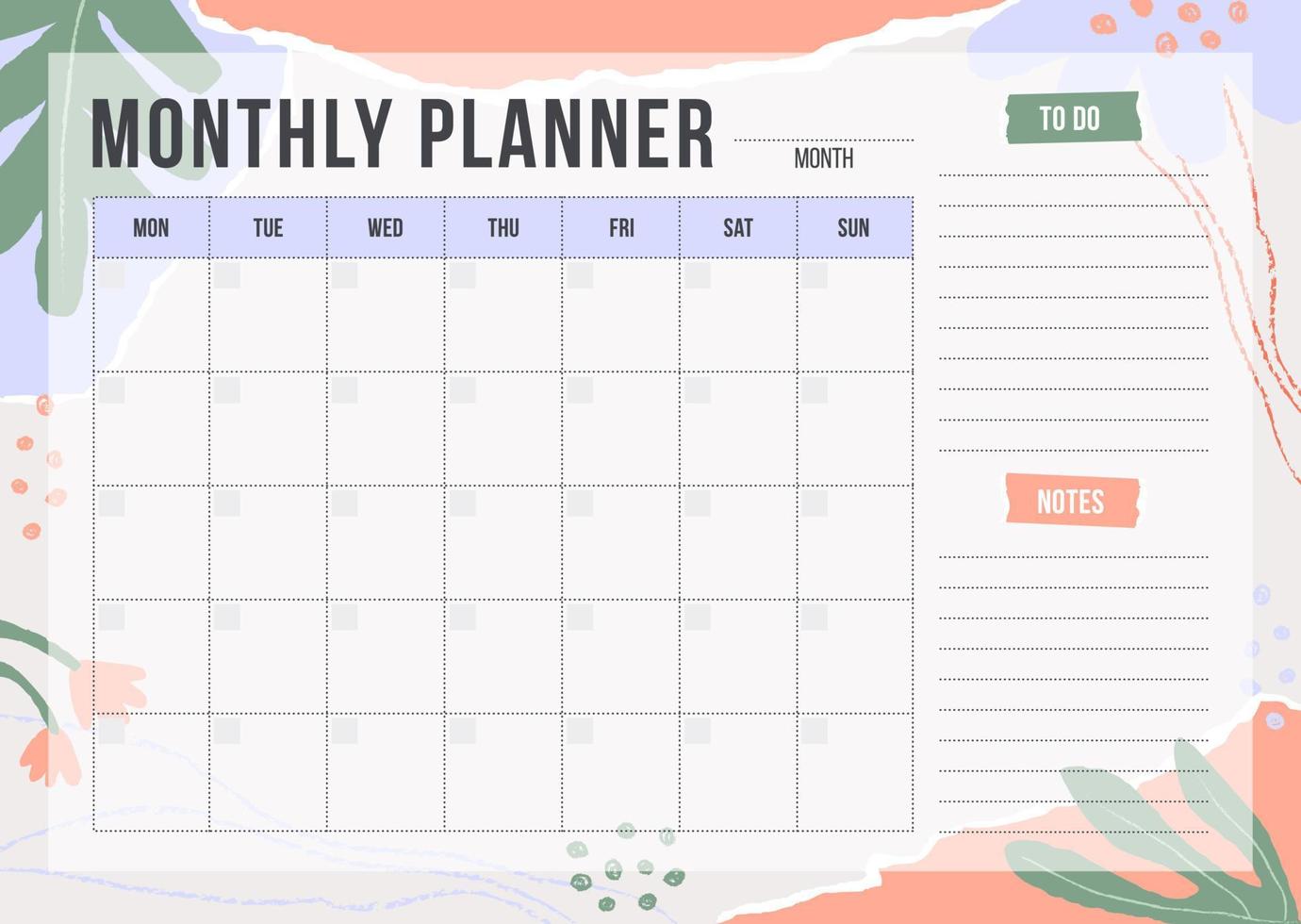 Floral monthly planning template with pieces of torn paper, flower and chalk line. Blank monthly planner with notes in pastel colors. Simple stylish organizer design. Vector illustration