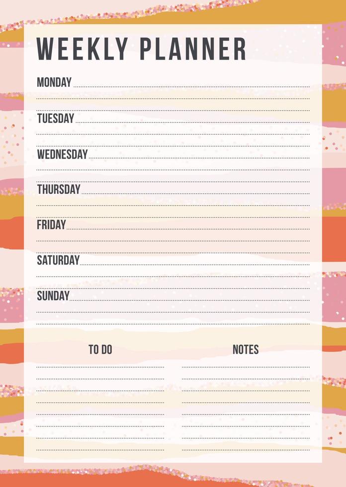 Stylish weekly planning template with notes on striped background in  vintage color and confetti. Retro organizer design. Vector illustration