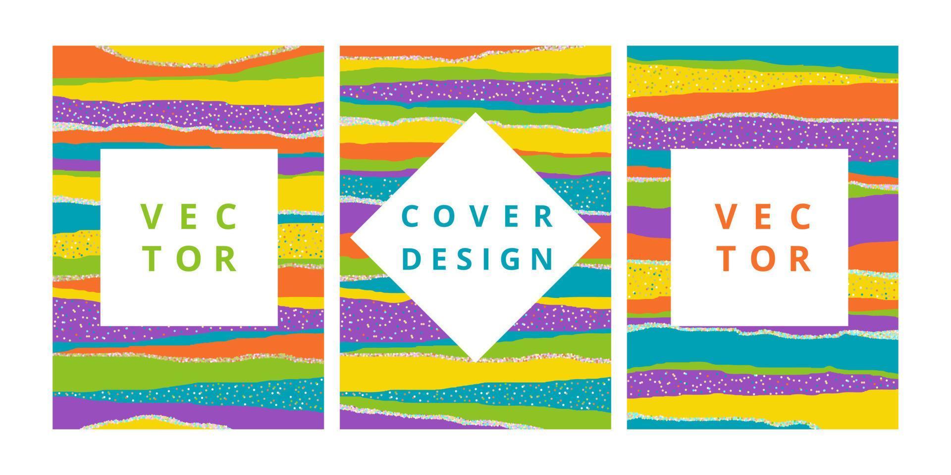 conjunto de banner abstracto en textura rayada con rayas de arco iris cortadas y confeti. plantilla de diseño moderno para volante de póster, volante para niños y diseño de marca. ilustración vectorial vector