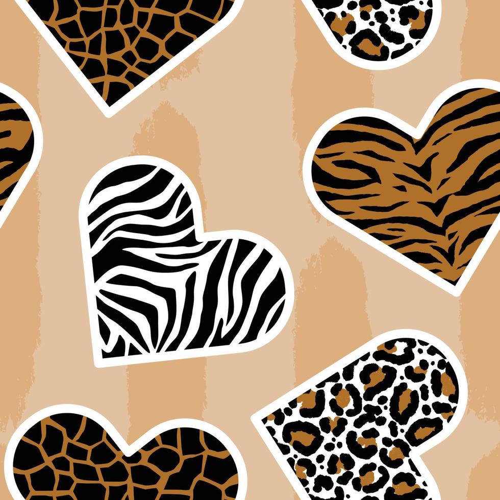 Seamless pattern of animal skin in shape of heart leopard, giraffe, tiger and zebra. Trendy animal print. Fashion vector illustration.