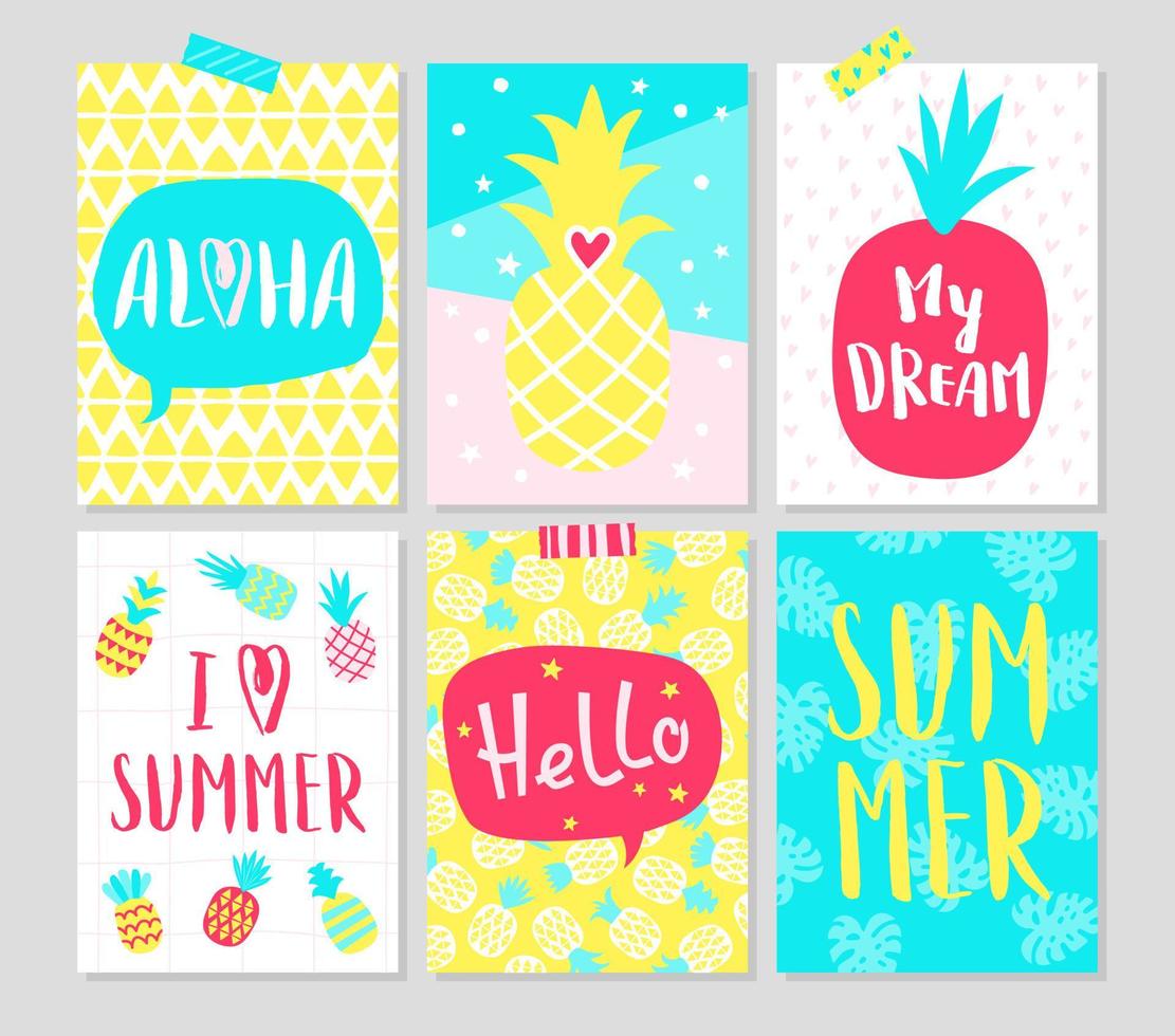 Summer hand drawn cards with pineapples and typography. Set of bright posters with hand written text. Vector illustration.