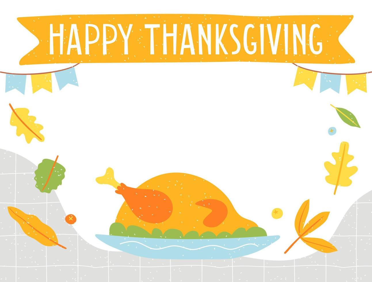 Hand drawn Happy Thanksgiving Day banner with copy space. Holiday greeting card with turkey. Fall colorful leaves and lettering Thanksgiving on liquid background. Vector illustration