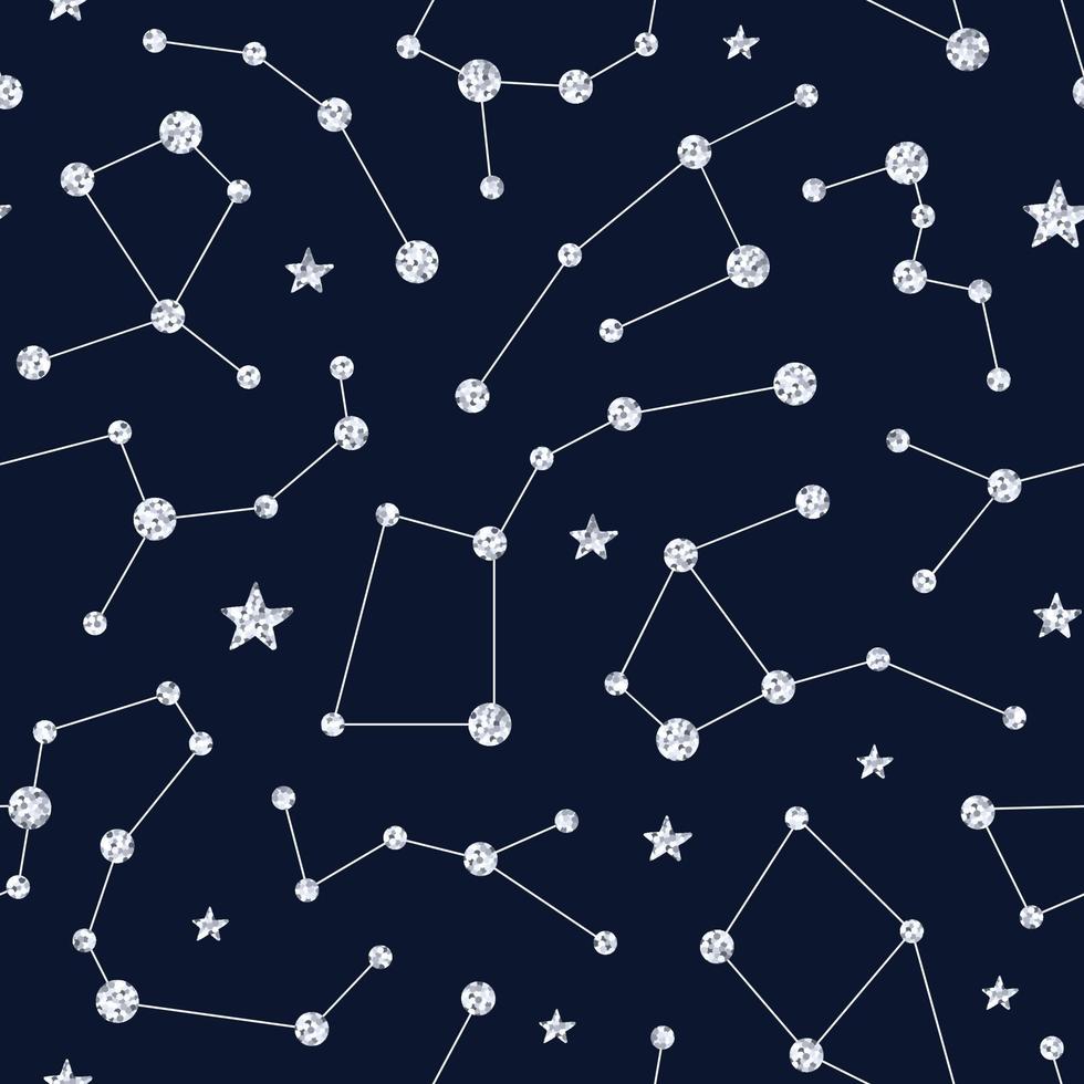 Blue seamless pattern with silver glittering constellations. Star background and zodiac constellations on dark background. vector