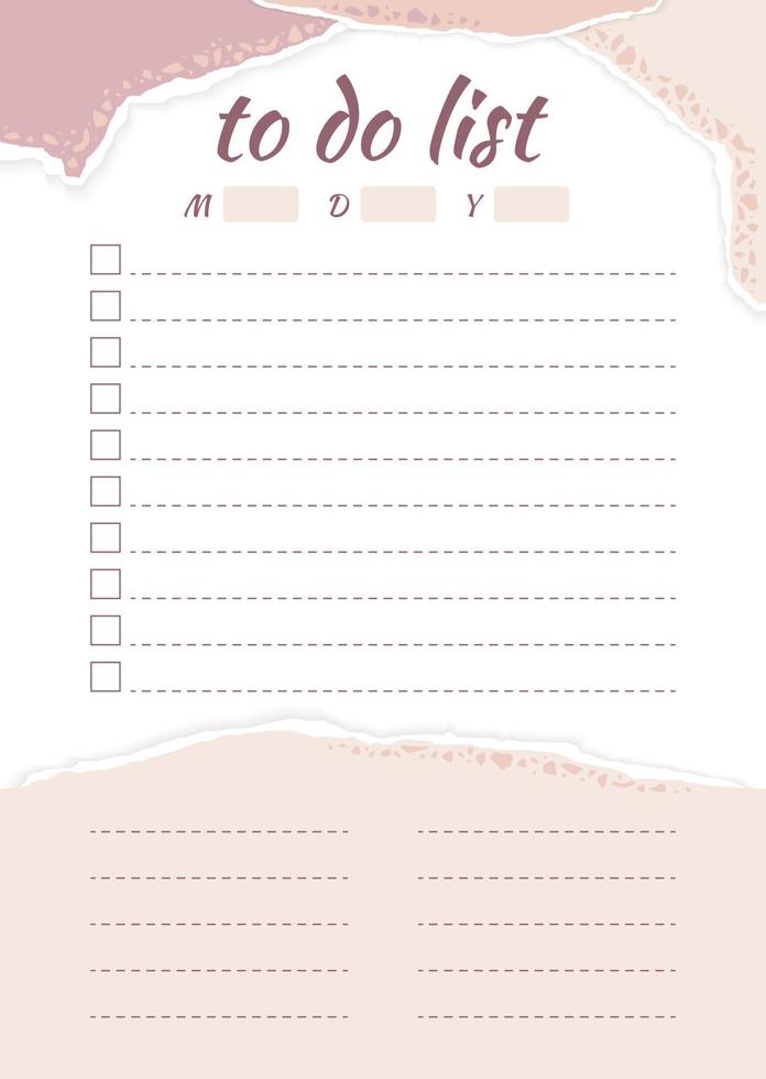 Abstract To Do List template with pieces of torn paper in terrazzo style. Blank weekly planner with notes in pastel colors. Minimal stylish organizer design. Vector illustration