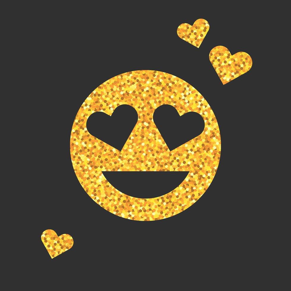 Golden glitter emoji icon with emotion of love on black background. Emoticons sticker with kiss. Luxury emoji symbol for social media, blog or chat. Isolated vector illustration