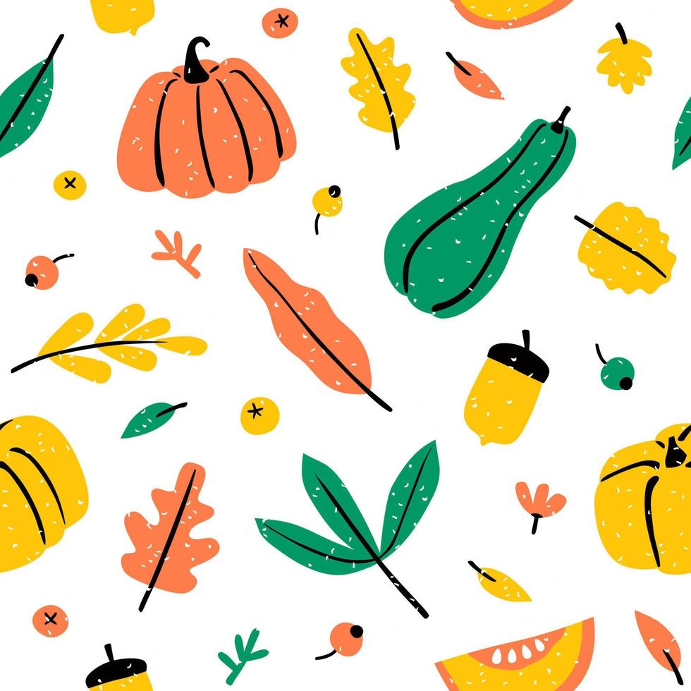 Seamless pattern with hand drawn leaves, pumpkins and berries. Happy Thanksgiving Day background or Harvest Time in flat style. Autumn vector illustration