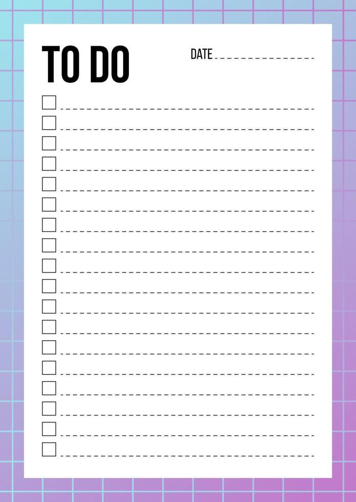 Abstract To Do List template with check and place for date and notes. Blank planner with notes on neon gradient background. Gradient organizer design. Checklist A4 template. Vector illustration