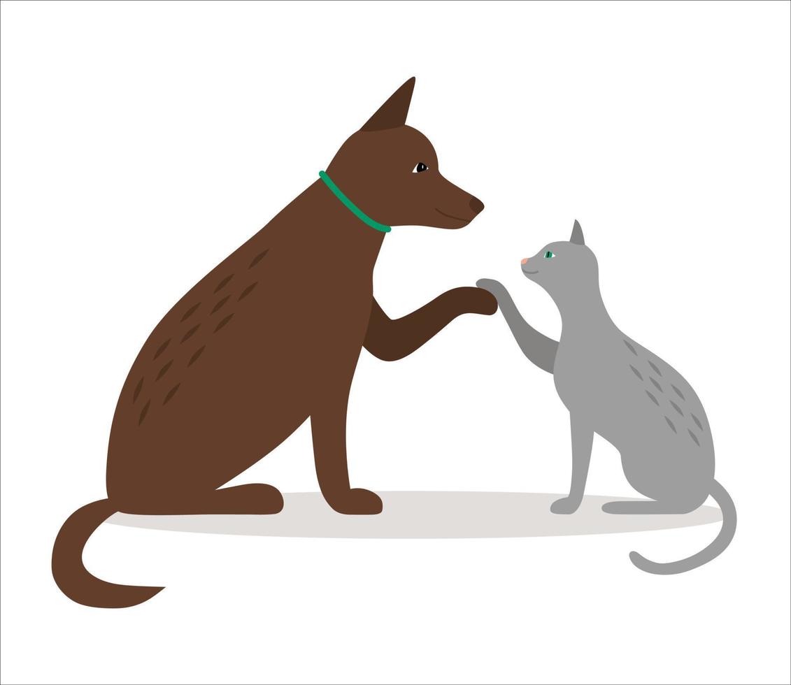 Dog and cat together. Cute dog with cat are best friends, give a five, cartoon pets. Vector illustration for veterinary clinic, shop.
